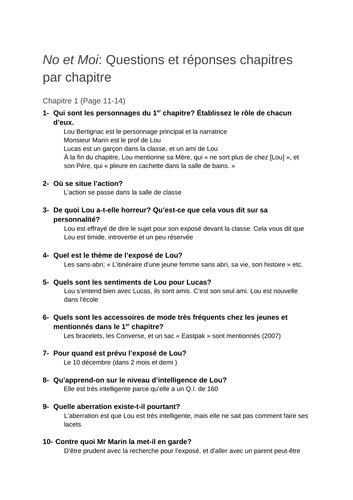 No et Moi: Comprehension  Questions with answers chapter per chapter