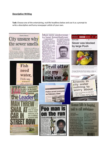 English Newspaper Activities - Funny Headlines, Descriptive Writing and Language Devices