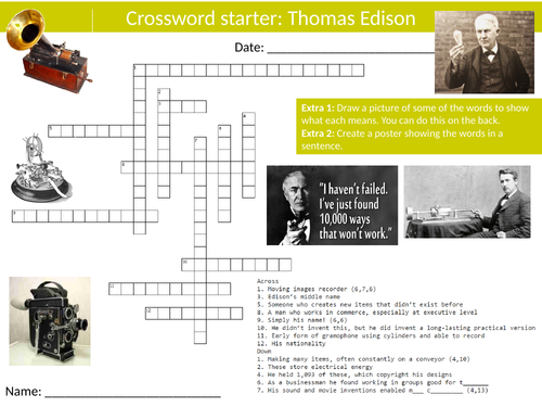 Thomas Edison Crossword Sheet Starter Activity Keywords Cover Famous