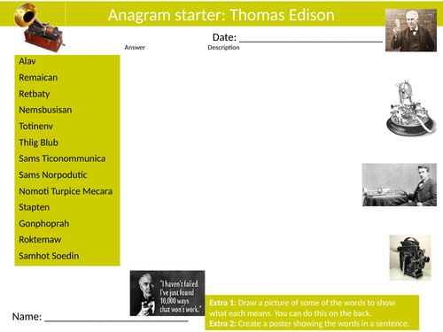 Thomas Edison Anagrams Puzzle Sheet Starter Activity Keywords Cover ...