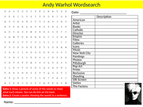 3 x Andy Warhol  Wordsearch Sheet Starter Activity Keywords Cover Famous Artist Art