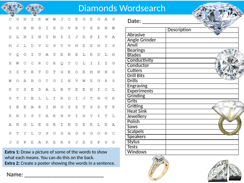 Diamonds Wordsearch Sheet Starter Activity Keywords Cover Geology Minerals Carbon
