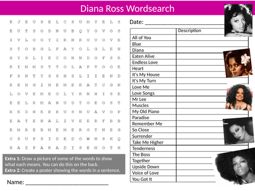 Diana Ross Wordsearch Sheet Starter Activity Keywords Cover Black Music History