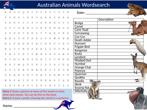 Australian Animals Wordsearch Sheet Starter Activity Keywords Cover Australia Geogrpahy