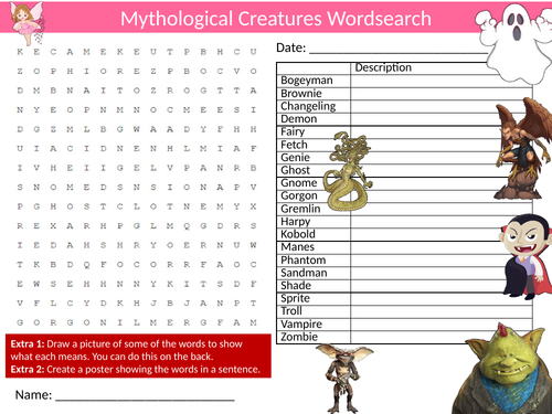 Mythical Creatures Wordsearch Sheet Starter Activity Keywords Religion Legends