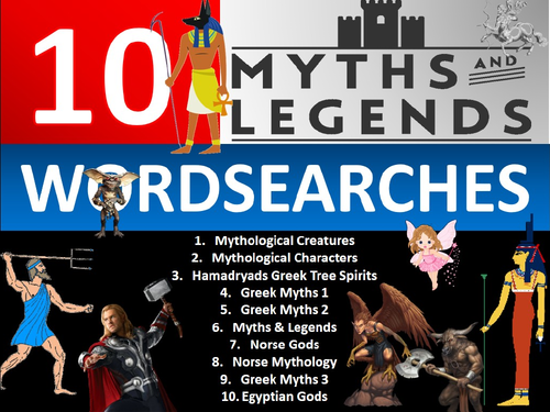 10 x Myths & Legends Wordsearch Sheet Starter Activity Keywords Religion Legends