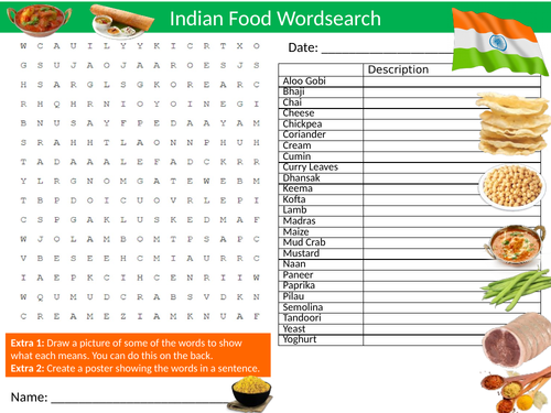 3 x Indian Food Wordsearch Sheet Starter Activity Keywords Technology Cooking