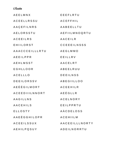 École (School in French) Word Scramble