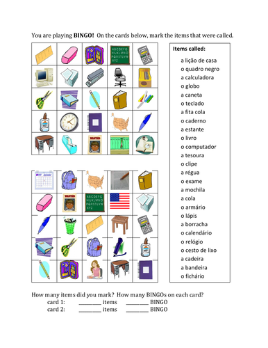 Material escolar (School Objects in Portuguese) Bingo Worksheet