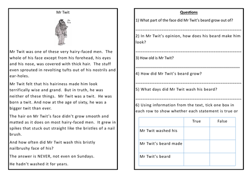 Roald Dahl Week Guided Reading Activities with SAT style questions