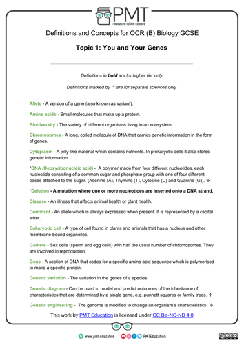 OCR (B) GCSE Biology Definitions