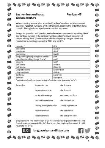 French - Les nombres ordinaux - ordinal numbers