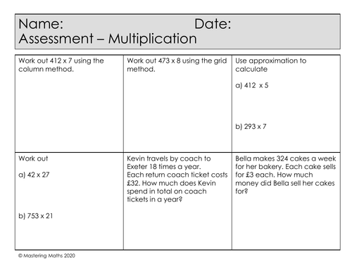 Quick Mastery Assessment - Multiplication