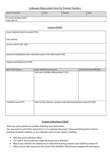 Lesson observation form for trainee teachers