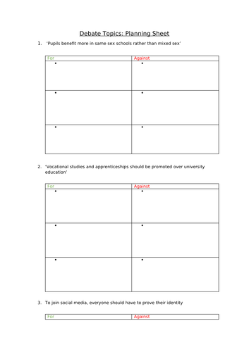 Debate Topics with Pros/Cons Table