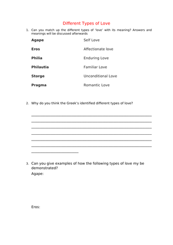 Different Types of Love Worksheet