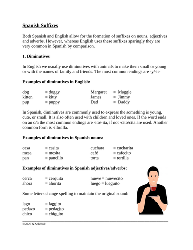Spanish Suffixes: Handout, Reading + Worksheet (sufijos)