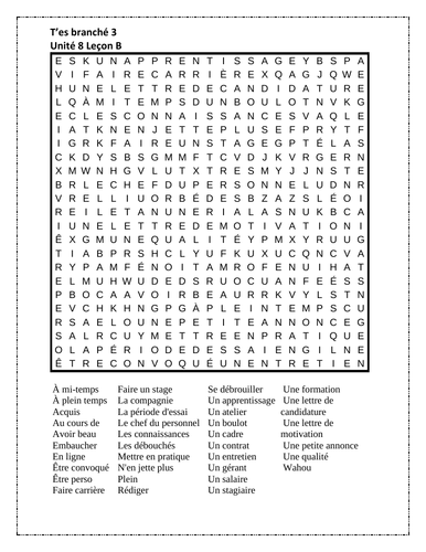 T'es branché 3 Unité 8 Leçon B Wordsearch | Teaching Resources