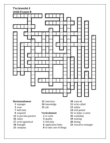 T'es branché 3 Unité 8 Leçon B Crossword | Teaching Resources