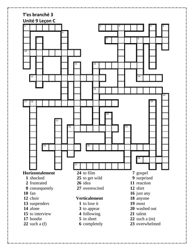 T'es branché 3 Unité 9 Leçon C Crossword | Teaching Resources