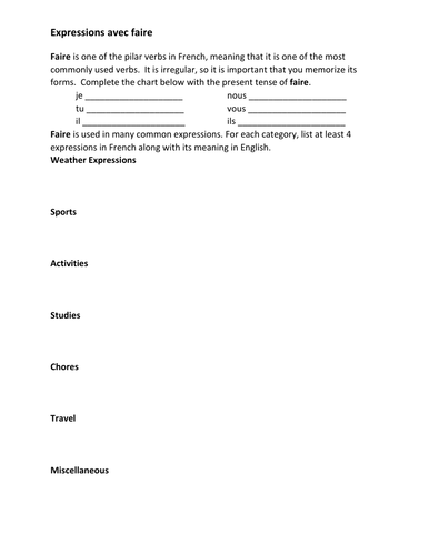 Expressions avec Faire French Verb Worksheet 2