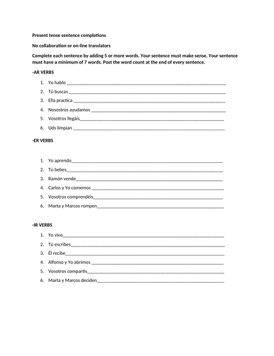 Sentence completions with present tense