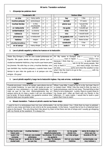 Spanish Mi barrio / Mi ciudad: Town & My area Translation Worksheet