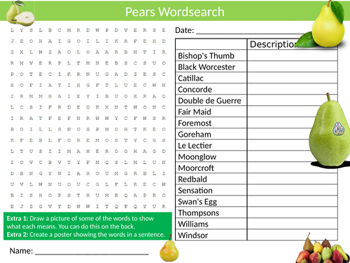 2 x Pears Wordsearch Sheet Starter Activity Keywords Cover Homework Food Technology Fruit