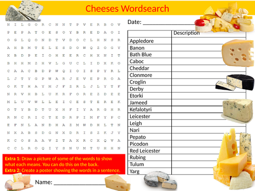 3 x Cheese Wordsearch Sheet Starter Activity Keywords Cover Homework Food Technology
