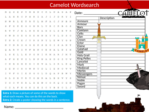 2 x Camelot  Wordsearch Sheet Starter Activity Keywords Cover Homework Myths and Legends King Arthur