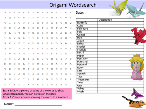 Origami Wordsearch Starter Activity Homework Cover Lesson Plenary Paper ...