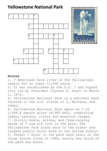 Yellowstone National Park Crossword Teaching Resources