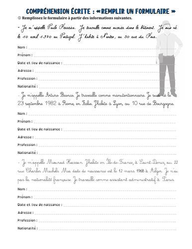 French worksheet (A1): filling in a form with information (personal data)