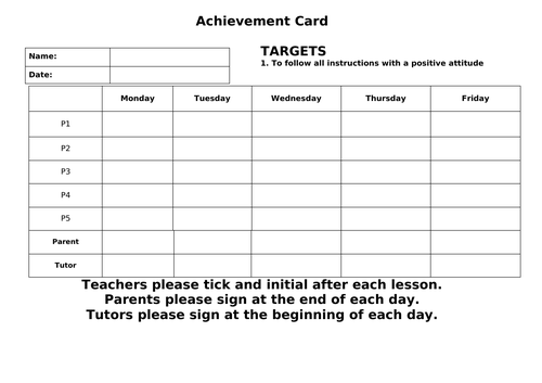 Achievement and monitoring report card for tutee