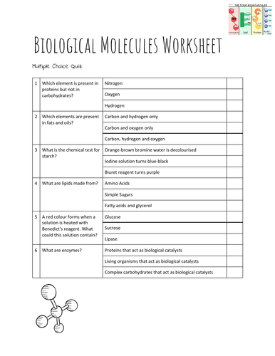 Biological Molecules Starter - Exam Question Worksheet