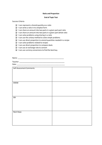 Ratio and Proportion Topic Test