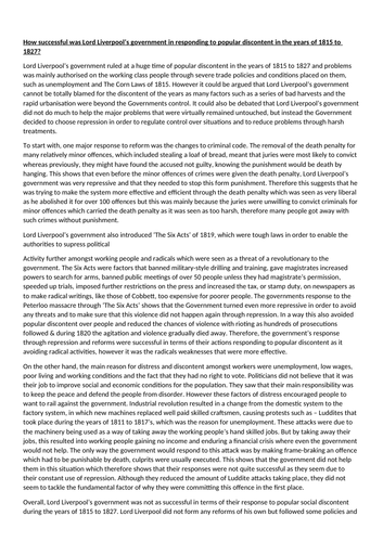 Lord Liverpool and his policies