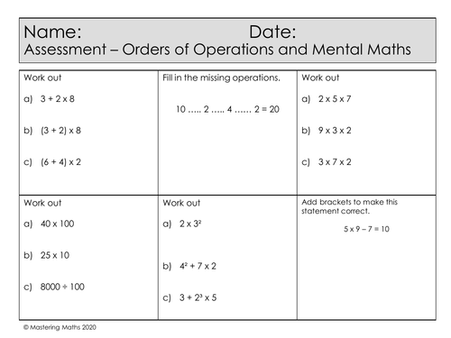 Quick Mastery Assessment - Orders of Operations and Mental Maths