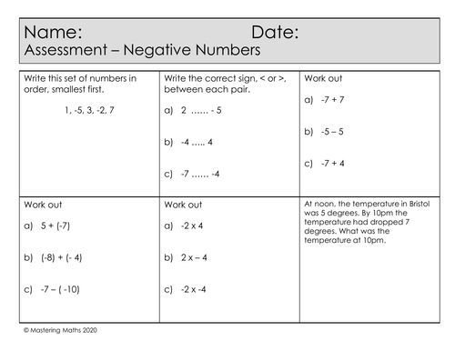 Quick Mastery Assessment - Negative Numbers