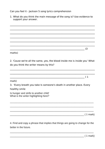 Can you feel it - Jackson 5 comprehension questions and suggested answers - ideal for BLM link