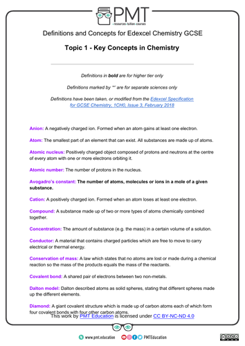 Edexcel GCSE Chemistry Definitions