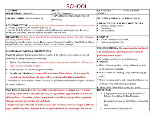 Lesson Plan on Economics: Household Spending, Savings  and Borrowing.