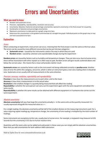 Errors and Uncertainties revision sheet for A Level physics