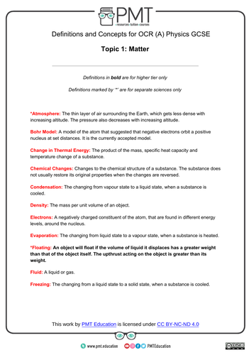 OCR (A) GCSE Physics Definitions