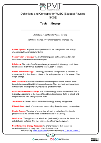 WJEC Eduqas GCSE Physics Definitions