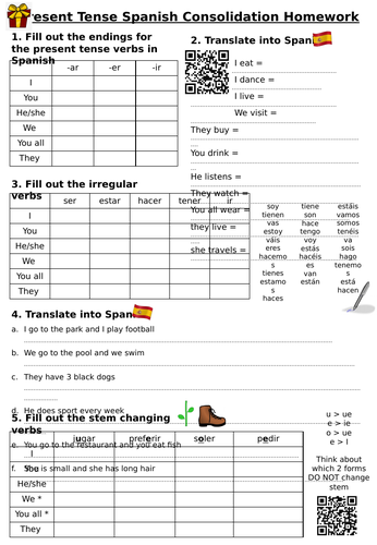 Spanish Present Tense Consolidation Homework