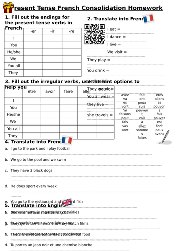 French Present Tense Consolidation Homework
