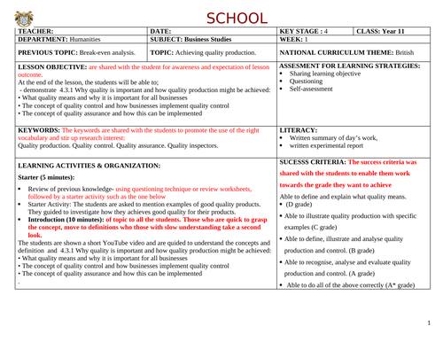 Lesson Plan For Business Studies On Achieving Quality Production Teaching Resources