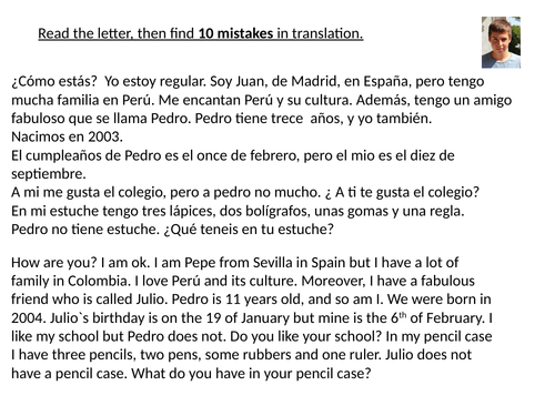 GCSE Spanish reading  and translation practice.