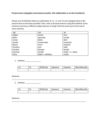 Worksheet on present tense regular verbs